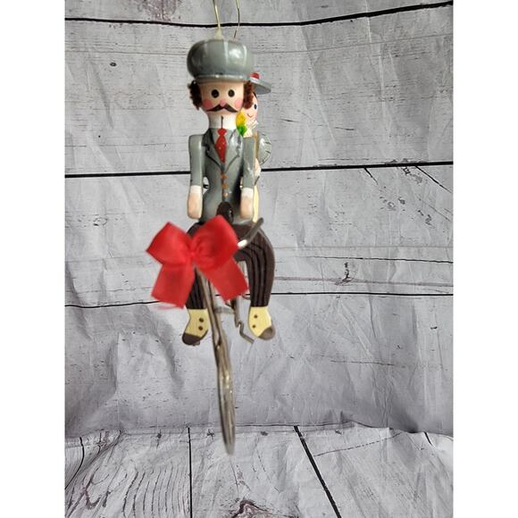 Vintage Kurt S Adler Wood Christmas Ornament 1983 Couple on Tandem Bicycle - Picture 2 of 9